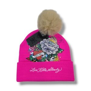 Ed Hardy "Love Kills Slowly" Tattoo Beanie Hat Pink Skull Roses NWT
